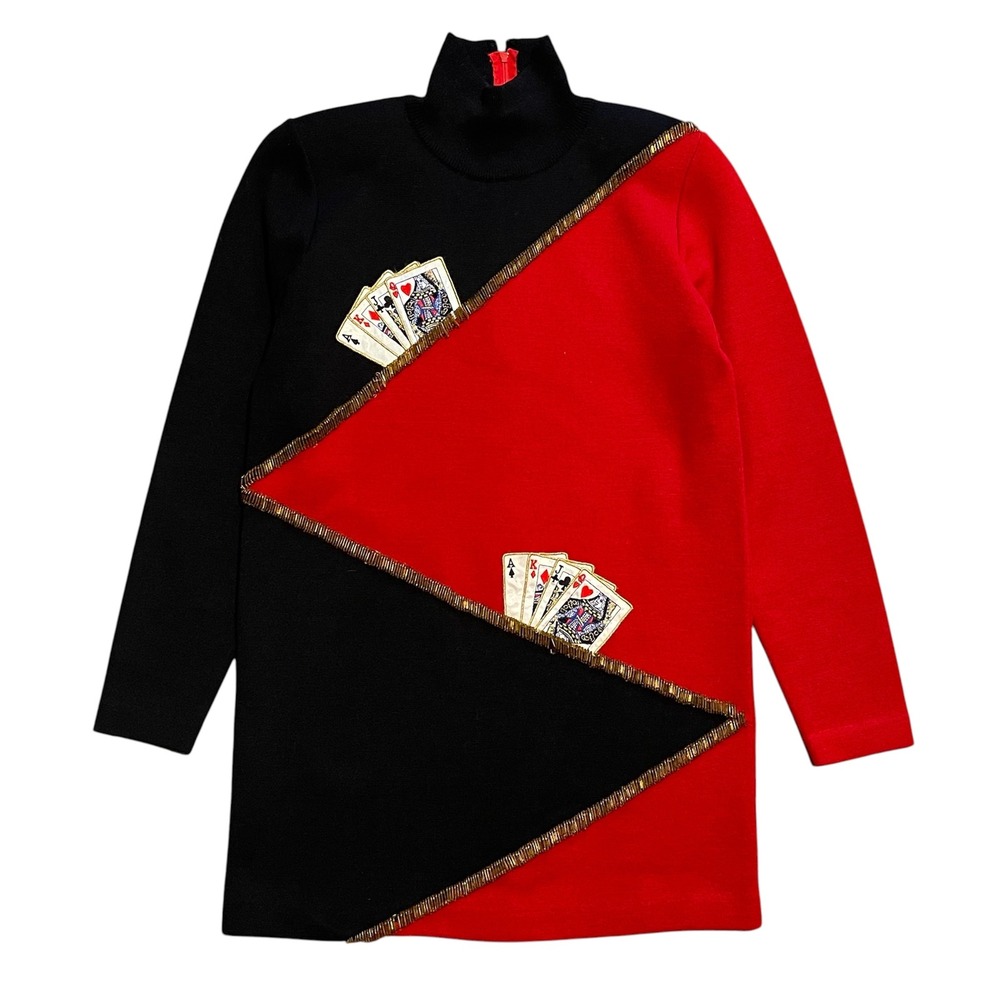 Vintage Lillie Rubin Red Black Playing Card Beaded Knit Mini Dress Petite P